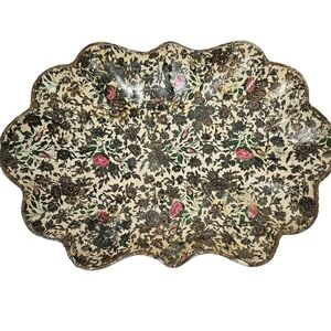 Vintage Highmount Gold & Pink Roses Scalloped Edge Trinket Tray Paper Mache‎